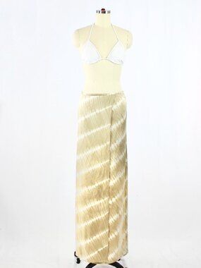 INDAH Tan Beige Tie Dye 100% Silk Satin Wrap Front Maxi Slip Skirt, Size S